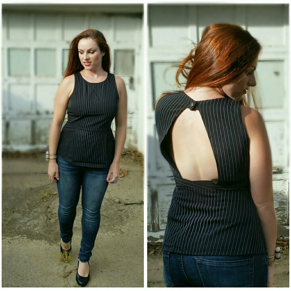 She & Sky Black Pinstripe Keyhole Top